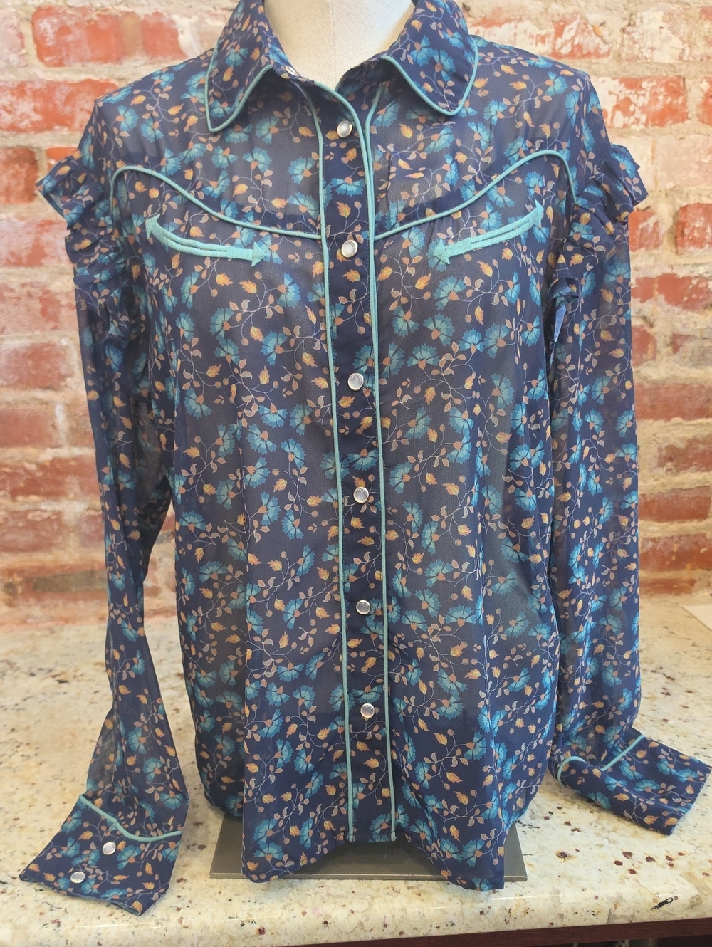 Double D Ranch Navy Floral Button-Down Shirt with Teal Piping - 1832
